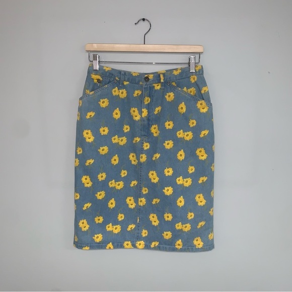 Liz Clairborne Vintage Skirt Size 8 US Denim Yellow  Flowers Floral‎ Knee-Length - Picture 2 of 10